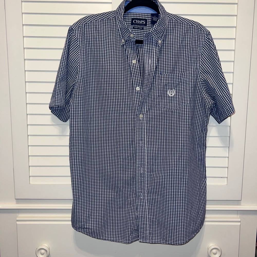 Chaps‎ Mens Crest Logo Navy Blue & White Gingham Short Sleeve Button Down medium
